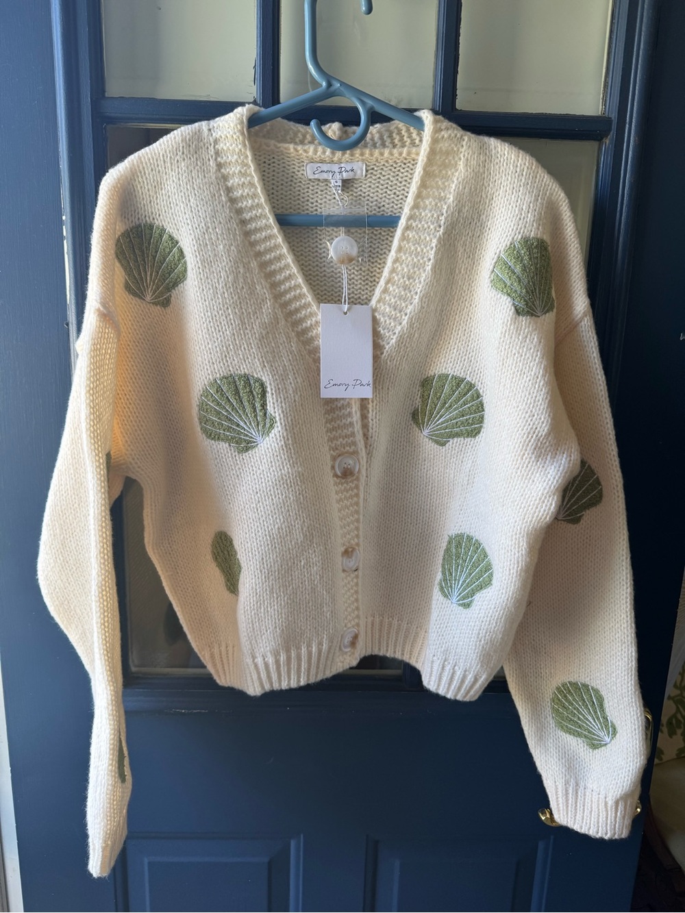 emory park Cream Cardigan with Green Shell Embroidery